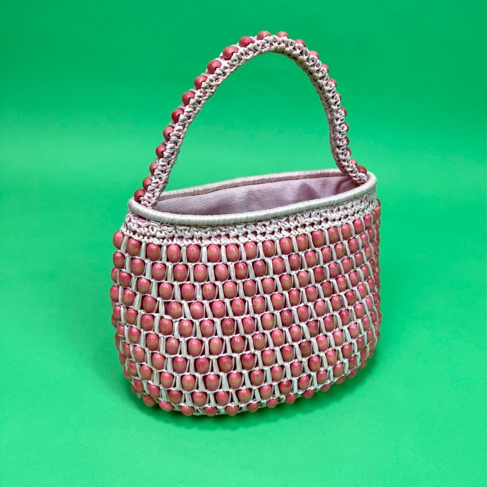 Vintage 60s Pink Wood Bead Raffia Purse, Tropical Pink Summer Beaded Handbag